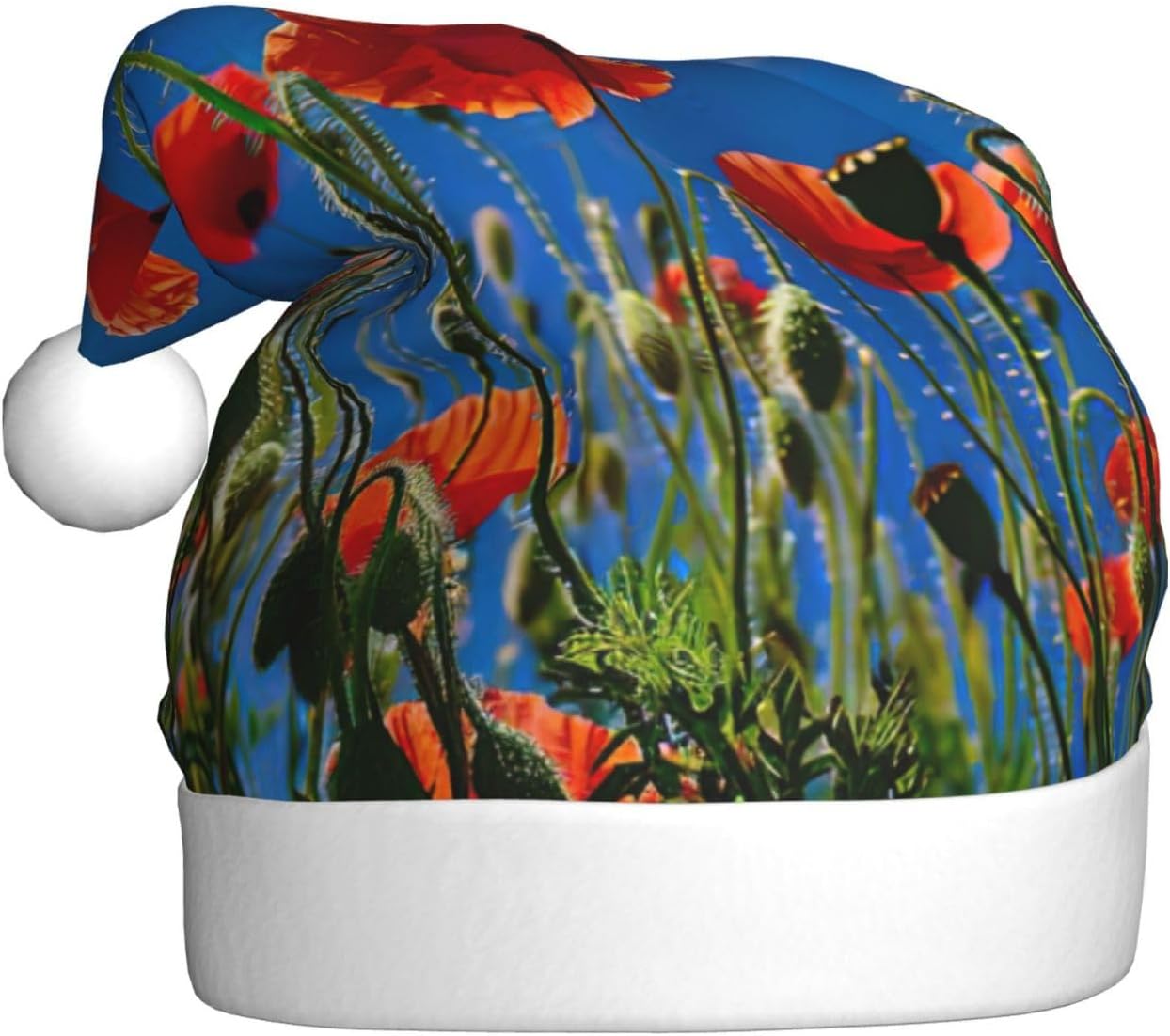 Poppies on Blue Sky Print Christmas Santa Hat Plush