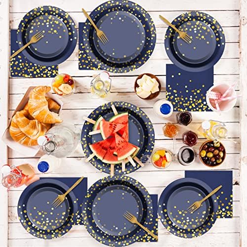 96 Pcs Blue Gold Dot Party Tableware Set