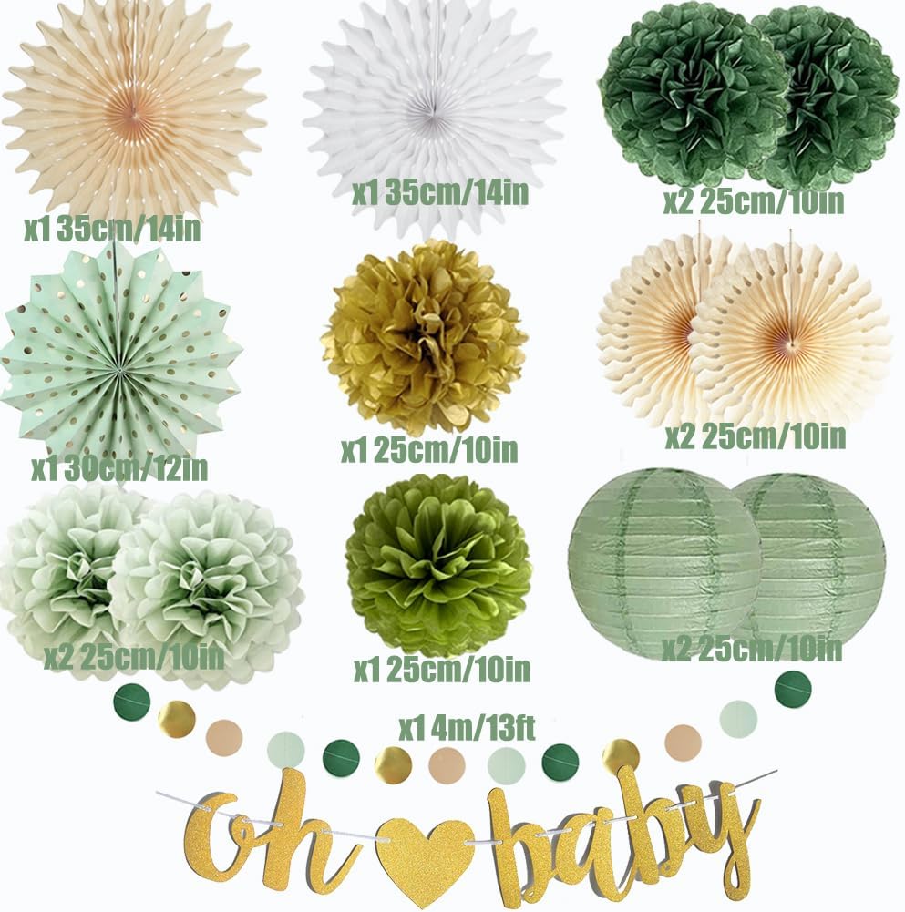 Sage Green Baby Shower Decorations with Gold and Olive Accents