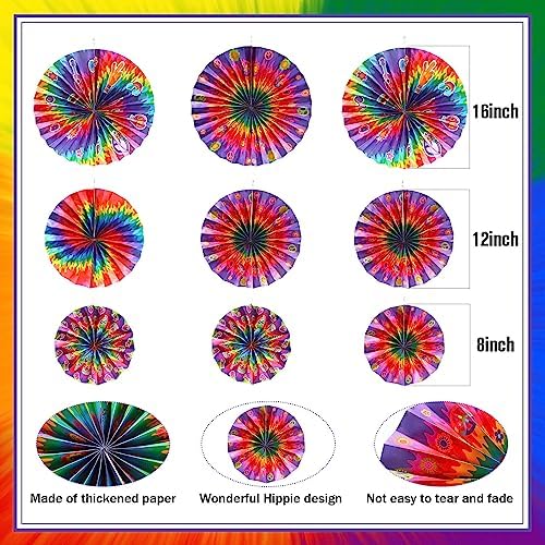 Outus 9 Pcs Tie Dye Party Fans Decorations
