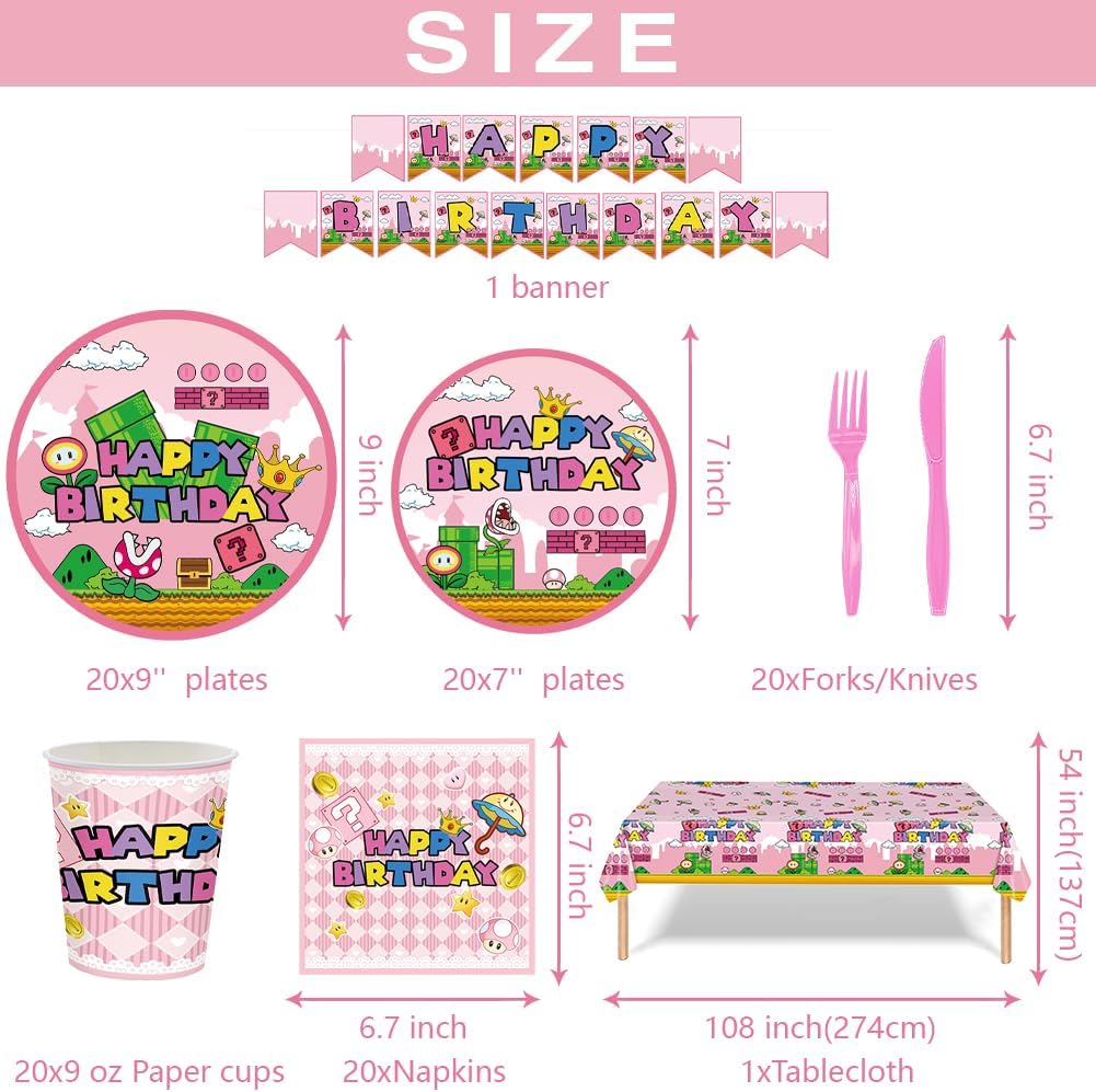 122Pcs Super Bros Peach Party Tableware Kit for 20 Guests