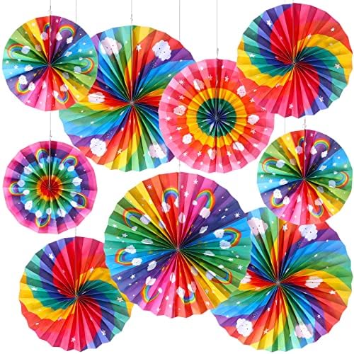 Outus 9 Pcs Rainbow Party Decor Paper Fans