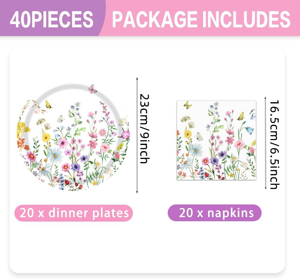 40 Pcs Wildflower Plates and Napkins Party Kit