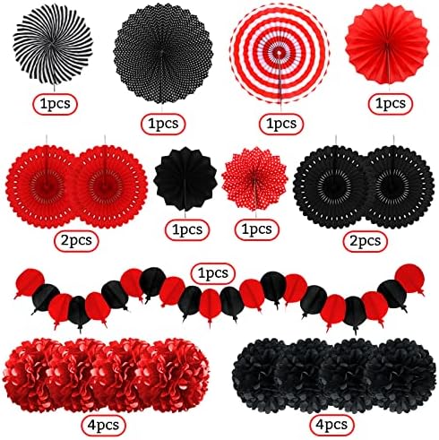 Red and Black Party Decorations Set with Fans and Pompoms