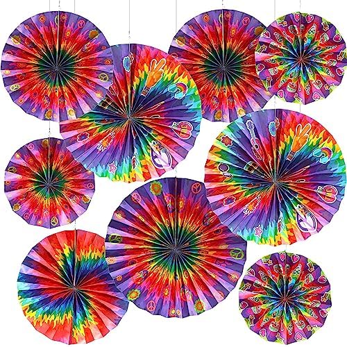 Outus 9 Pcs Tie Dye Party Fans Decorations