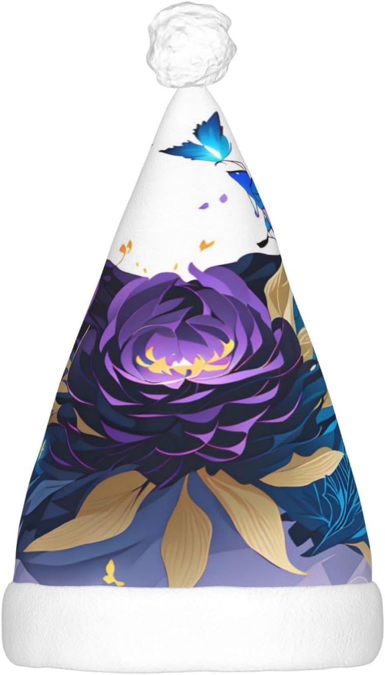 QINZHENG Purple Butterfly Velvet Santa Hat with LED Lights for Adults