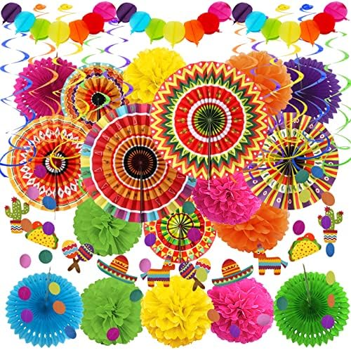 ZERODECO Fiesta Party Decor Kit with Fans Pom Poms Garland