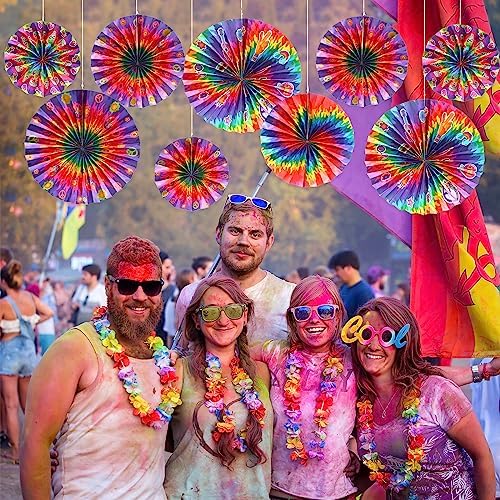 Outus 9 Pcs Tie Dye Party Fans Decorations