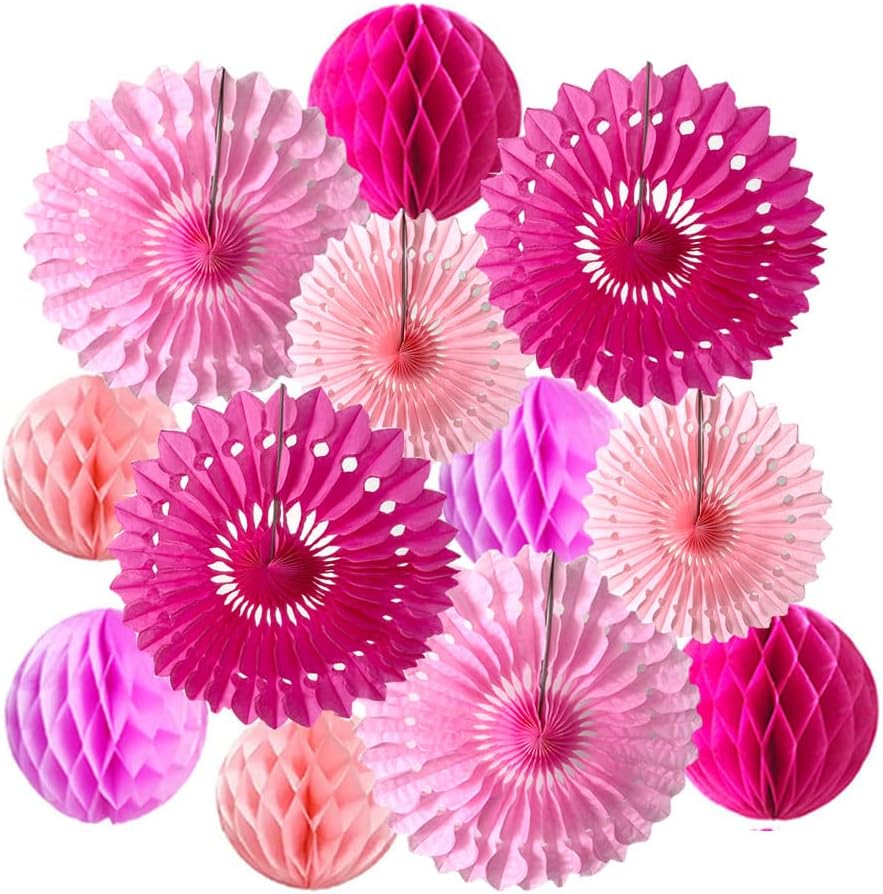 12pcs Pink Honeycomb Ball Fans for Party Decorations