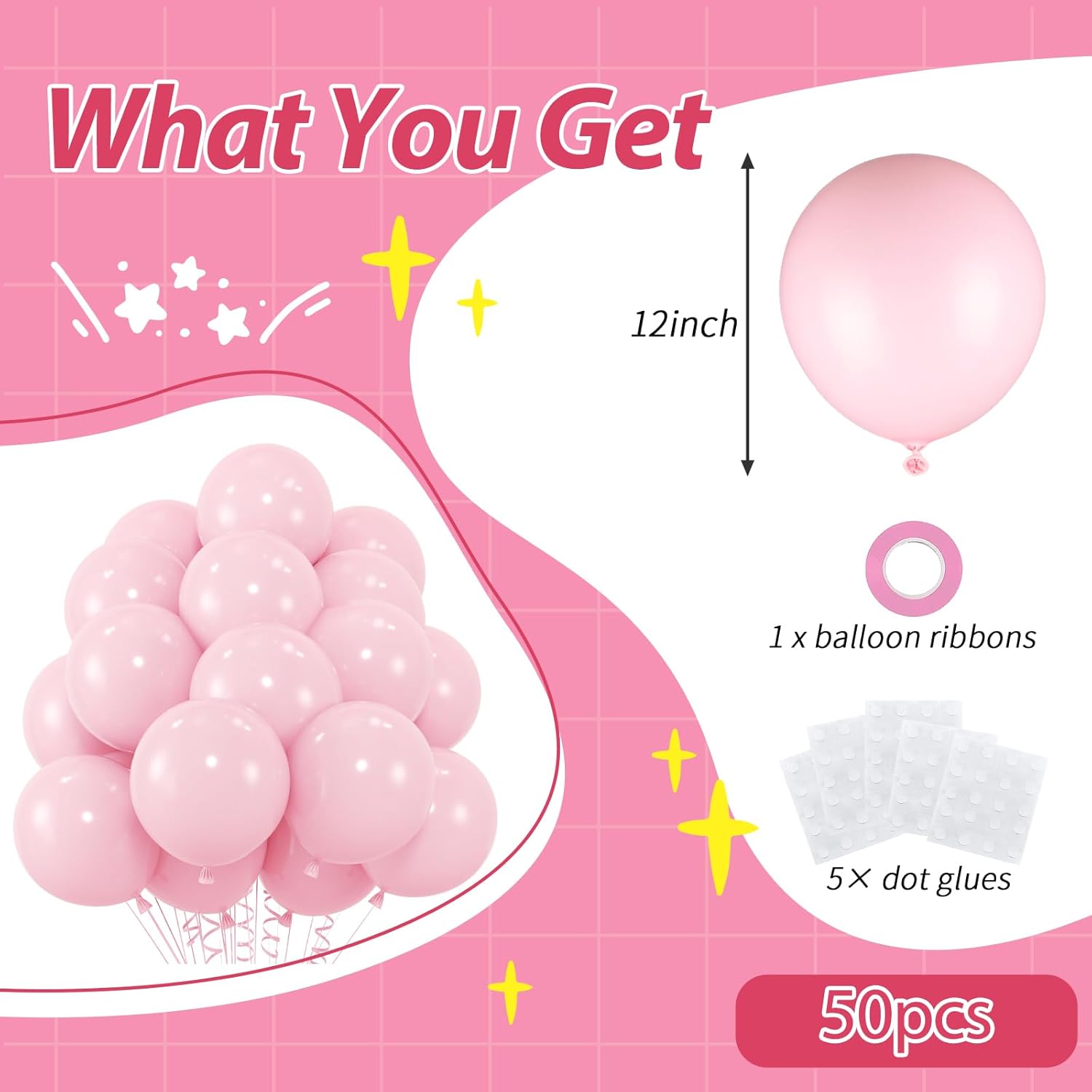 50pcs Pastel Pink Balloons with Ribbon and Glue