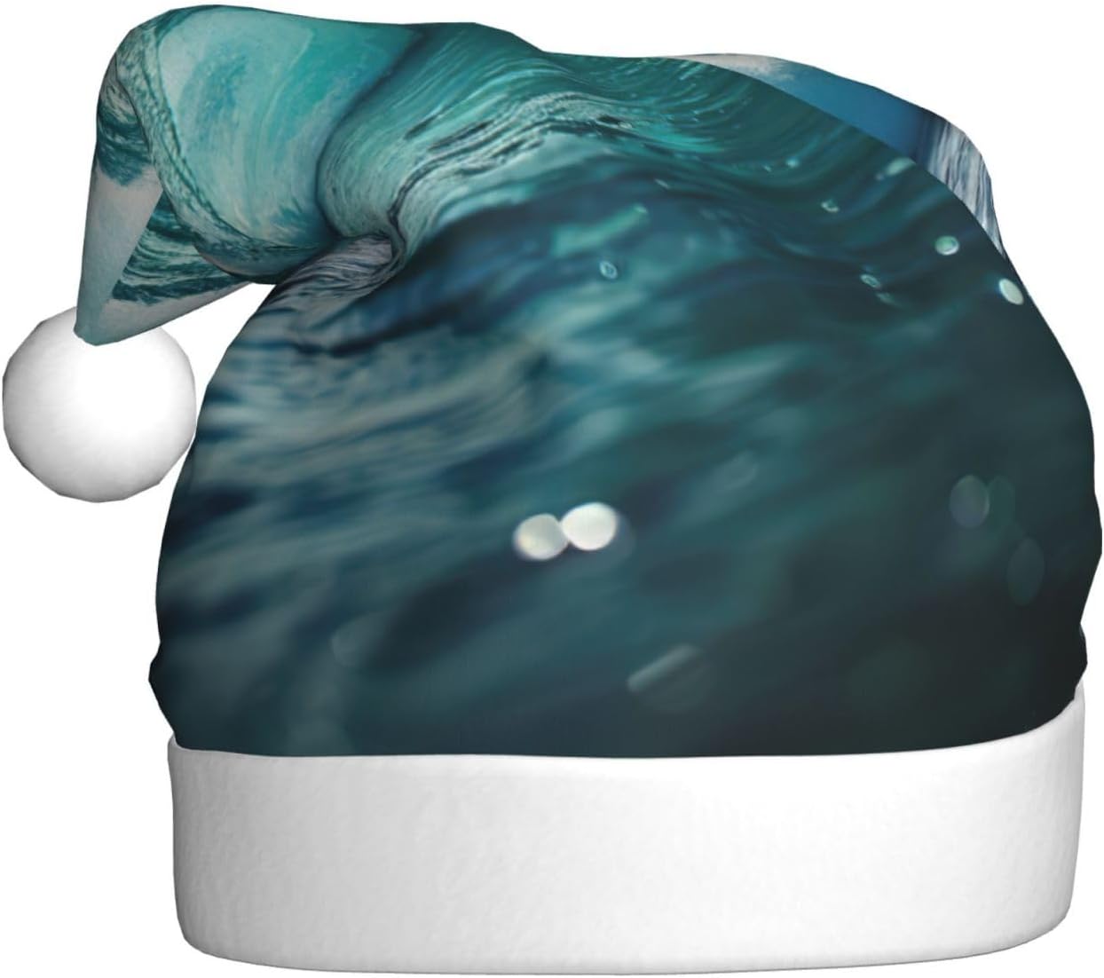 Ocean Green Wave Surf Print Christmas Santa Hat Plush Funny Adult Headwear