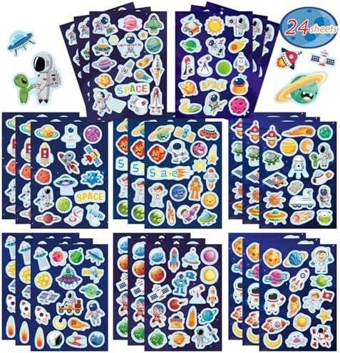 24 Sheets Space Themed Sticker Set - 8 Planets Astronauts Rockets