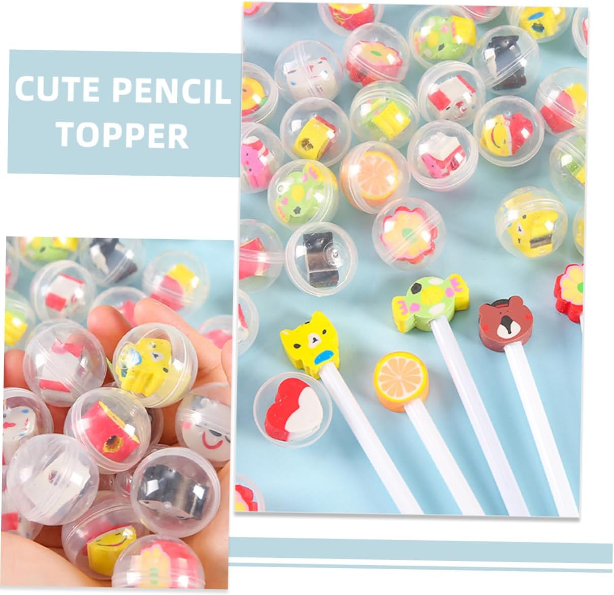 20 Pcs Refillable Capsules with Cute Pencil Topper Erasers
