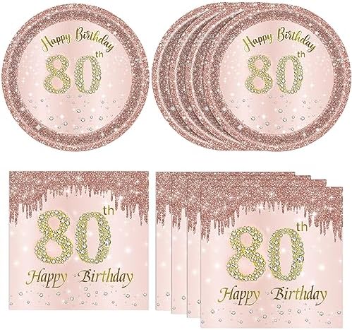 KHAIVI 40PCS Rose Gold 80th Birthday Tableware Set