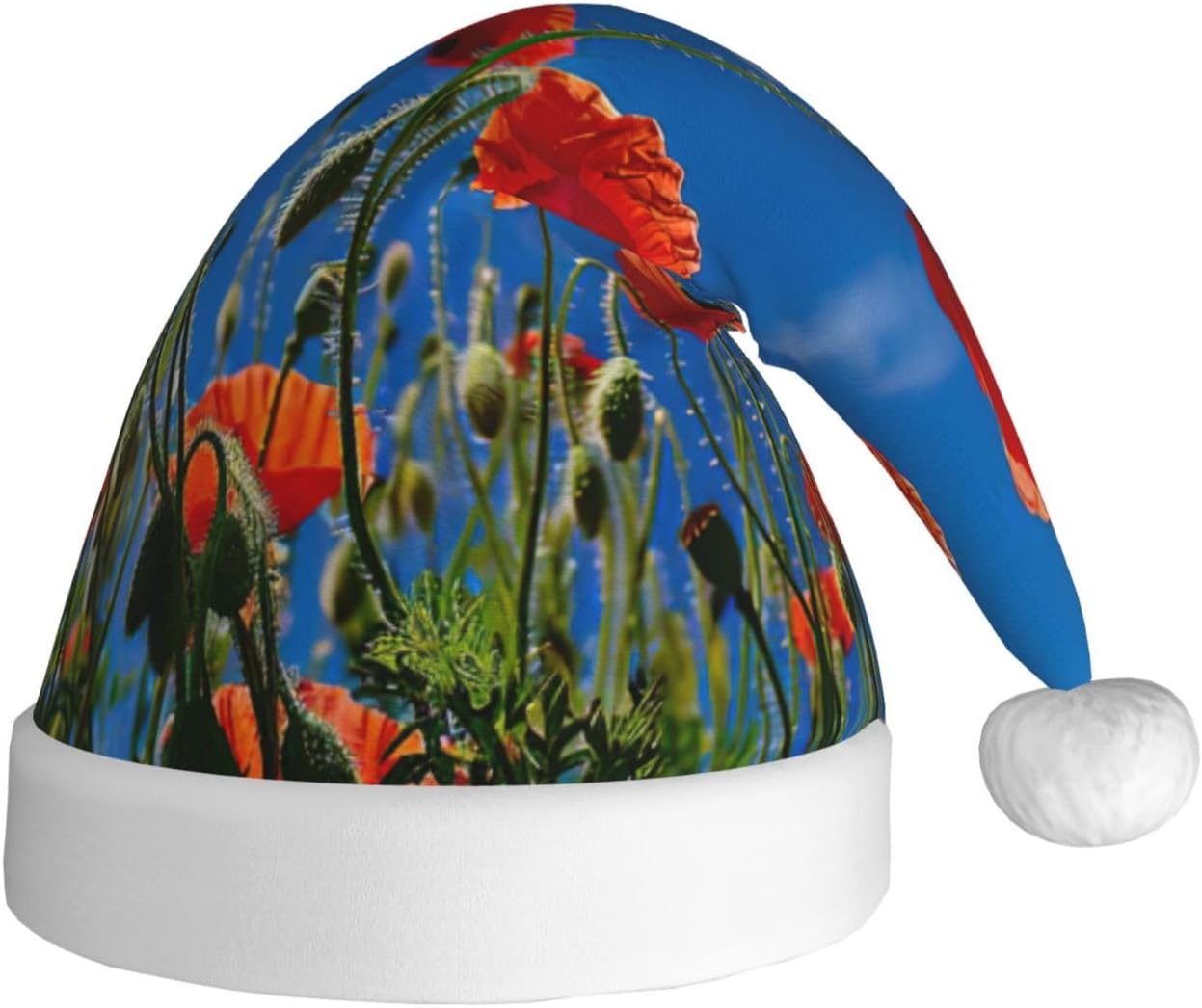 Poppies on Blue Sky Print Christmas Santa Hat Plush