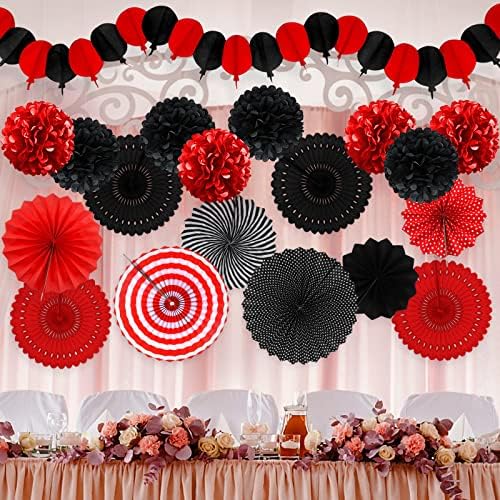 Red and Black Party Decorations Set with Fans and Pompoms