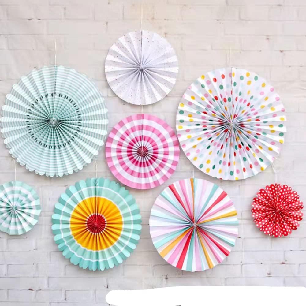 8 Piece Colorful Hanging Paper Fans Party Set