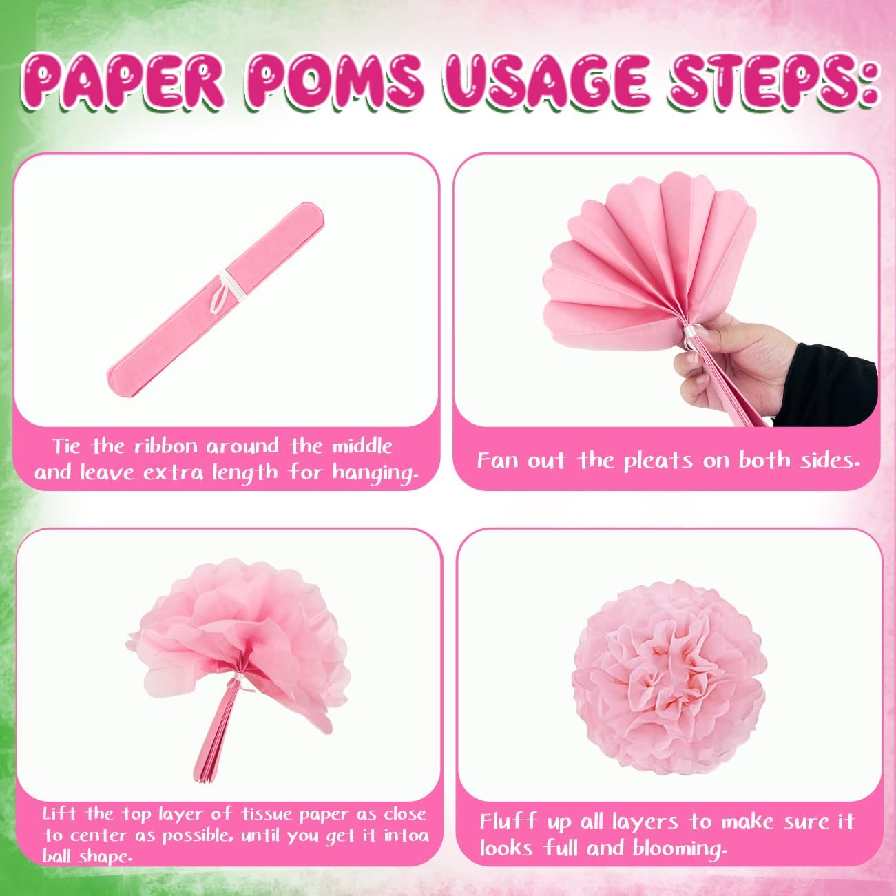 Pink Green Birthday Decorations Set Banner Pom Poms Fans Lanterns