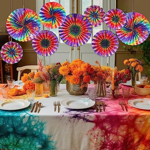 Outus 9 Pcs Tie Dye Party Fans Decorations
