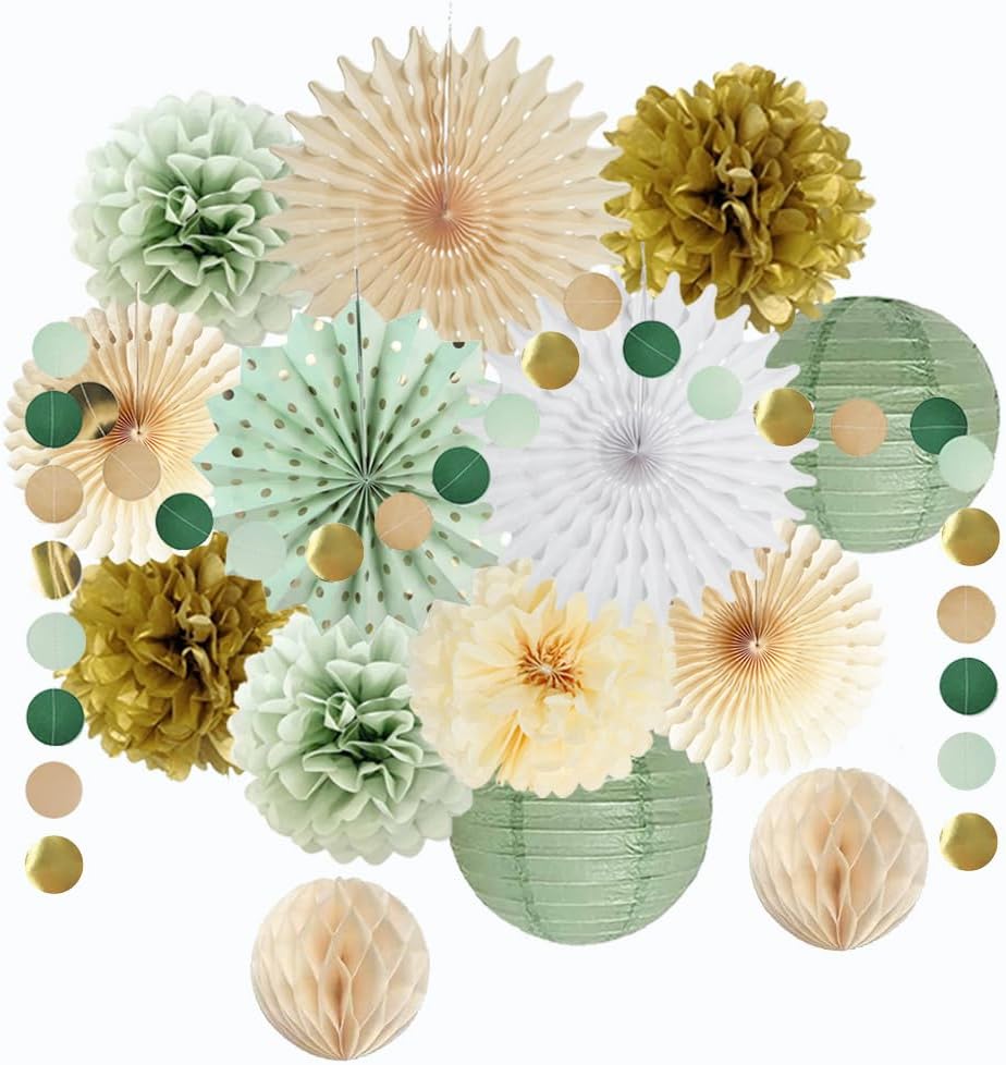Sage Green Party Decorations with Gold and Beige