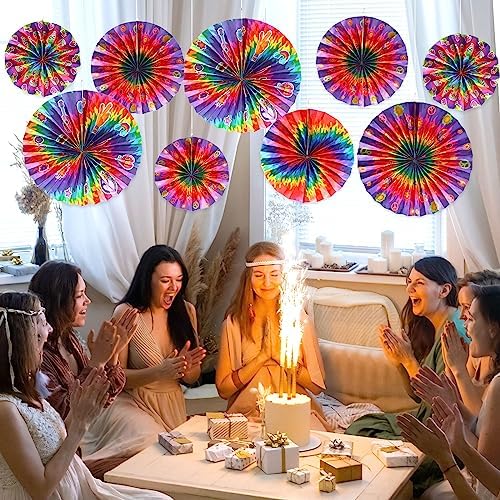 Outus 9 Pcs Tie Dye Party Fans Decorations