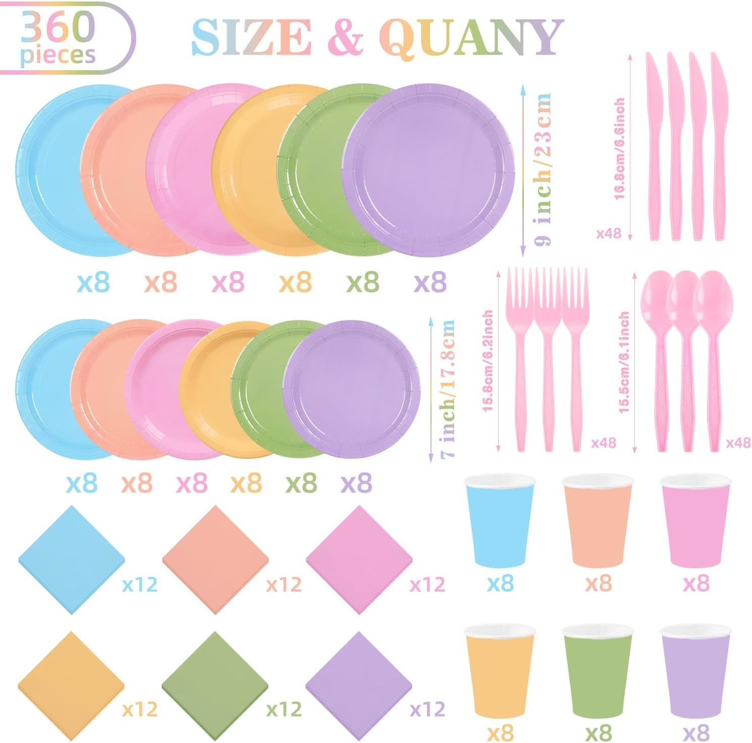 192PCS Rainbow Party Supplies Set for 48 Guests