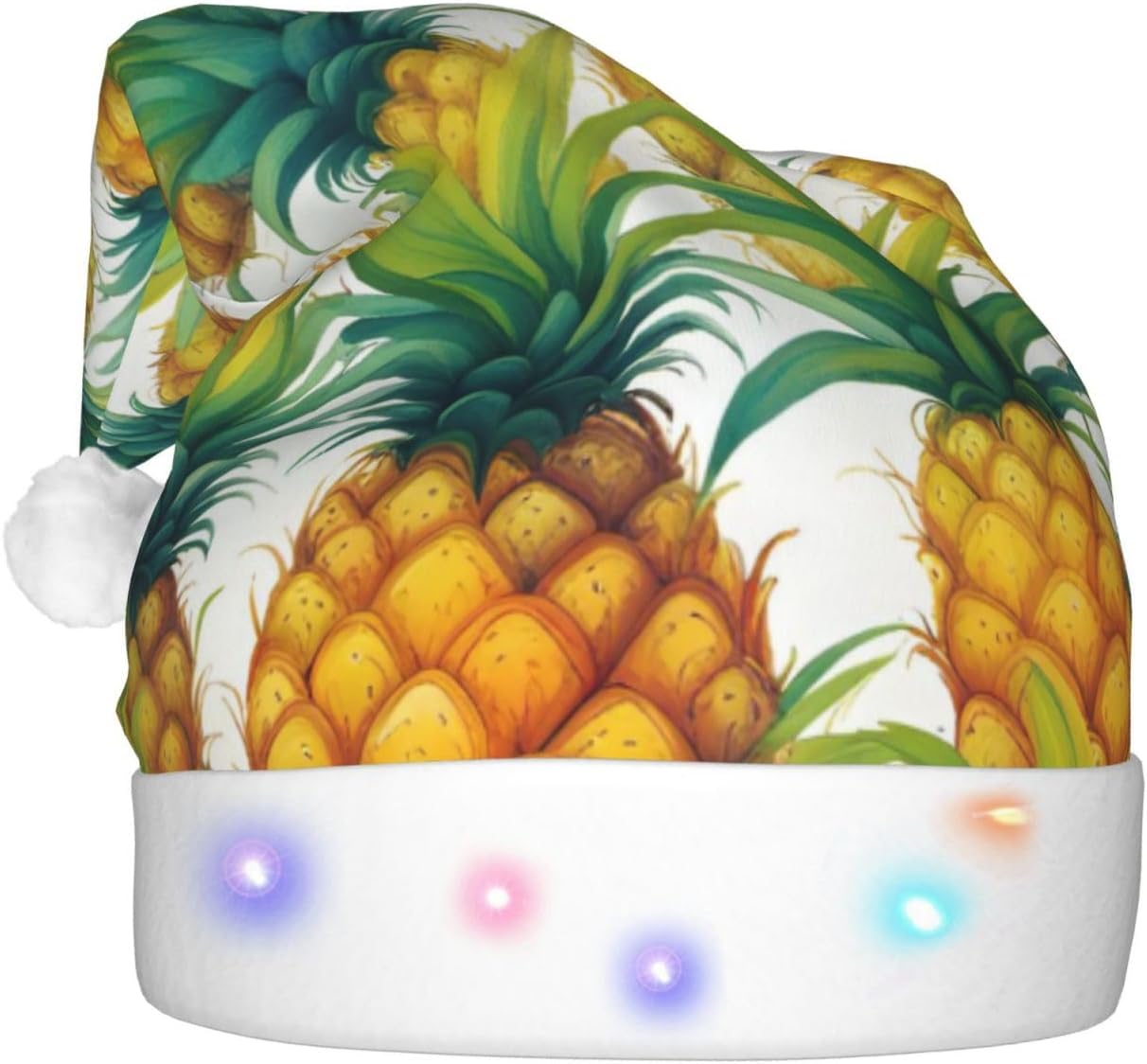 QinZheng Exotic Tropical Pineapples Print Santa Hat with LED Lights