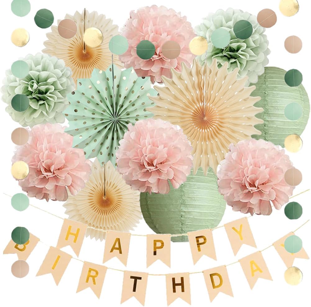 Sage Green and Pink Birthday Decorations Kit
