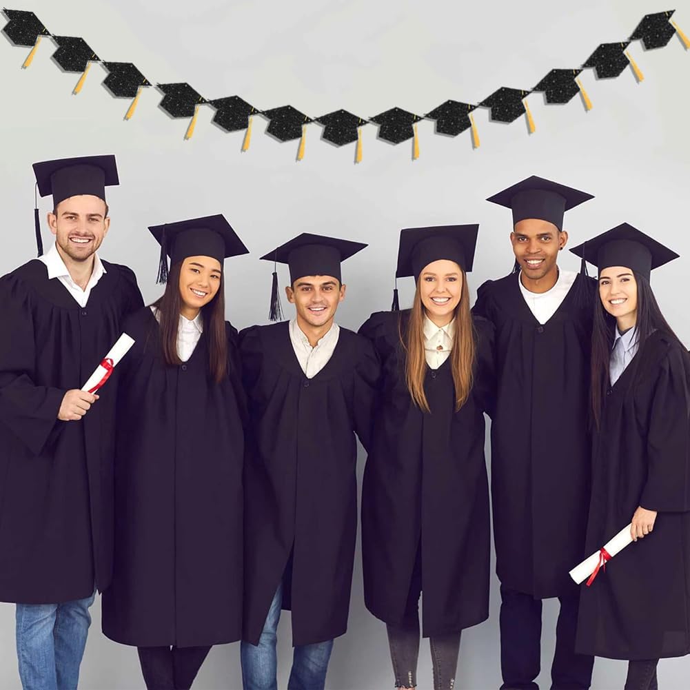 2025 Graduation Decor Banners with Black Glitter Hats and Tassels