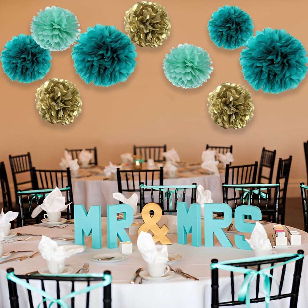 12PCS Teal Turquoise Aqua Gold Party Decor Pom Poms