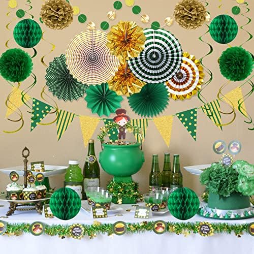Green Gold Party Decorations Set with Fans and Flags