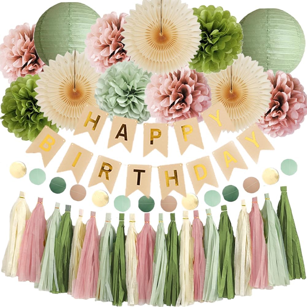 Olive Green and Pink Birthday Decorations Kit