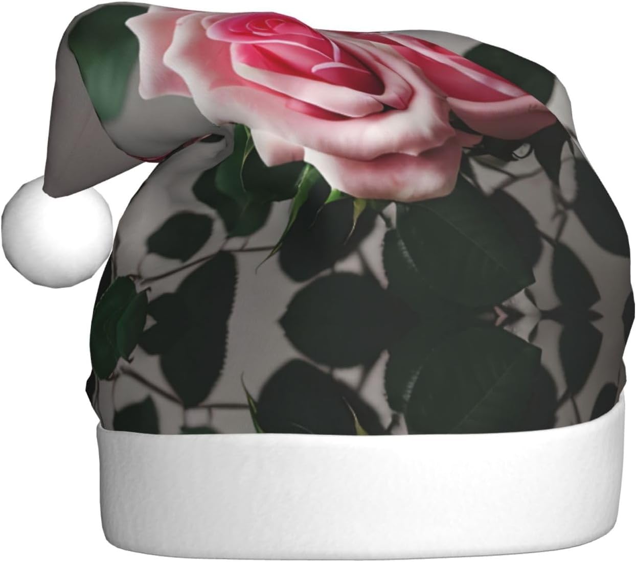 Pink Rose Print Christmas Santa Hat Plush for Adults