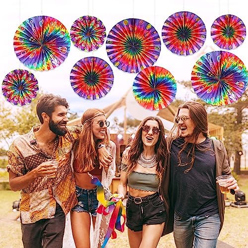 Outus 9 Pcs Tie Dye Party Fans Decorations