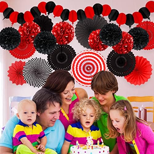 Red and Black Party Decorations Set with Fans and Pompoms