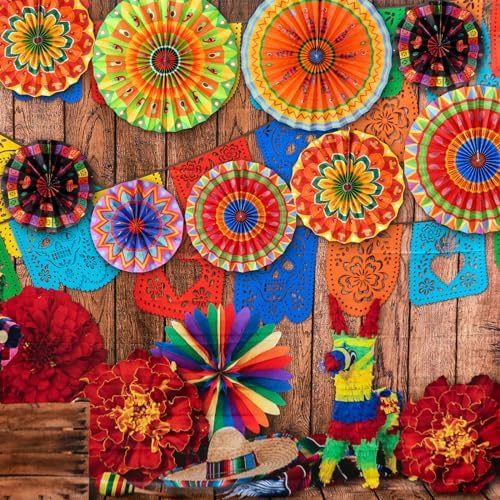 Outus 9 Pcs Mexican Fiesta Hanging Paper Fans Decorations