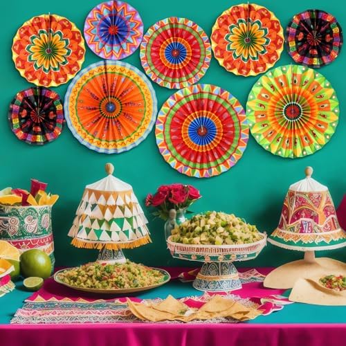 Outus 9 Pcs Mexican Fiesta Hanging Paper Fans Decorations