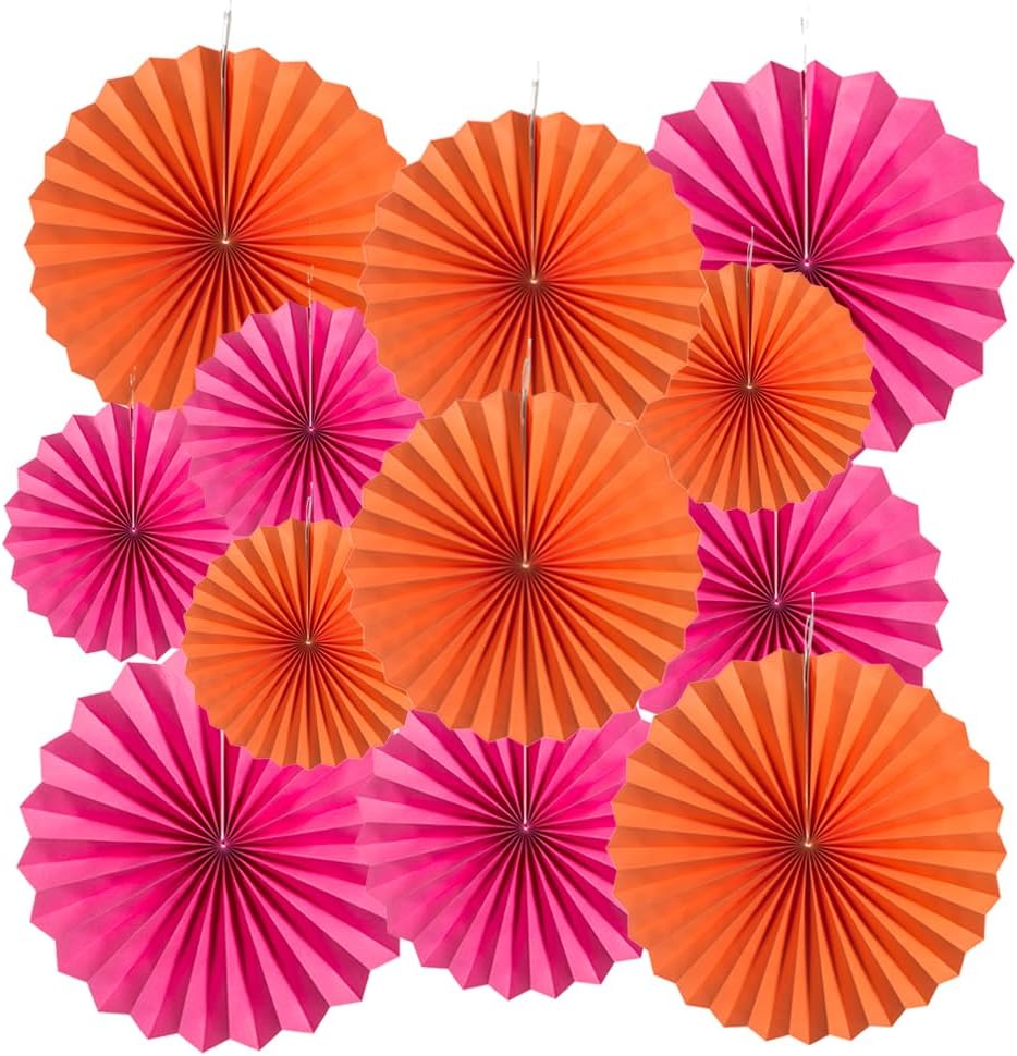 MOWO Hot Pink and Orange Paper Fans 12 Pack Decoration