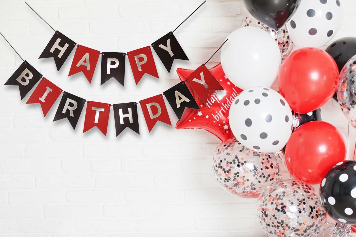 Red Silver Black Happy Birthday Banner Decor