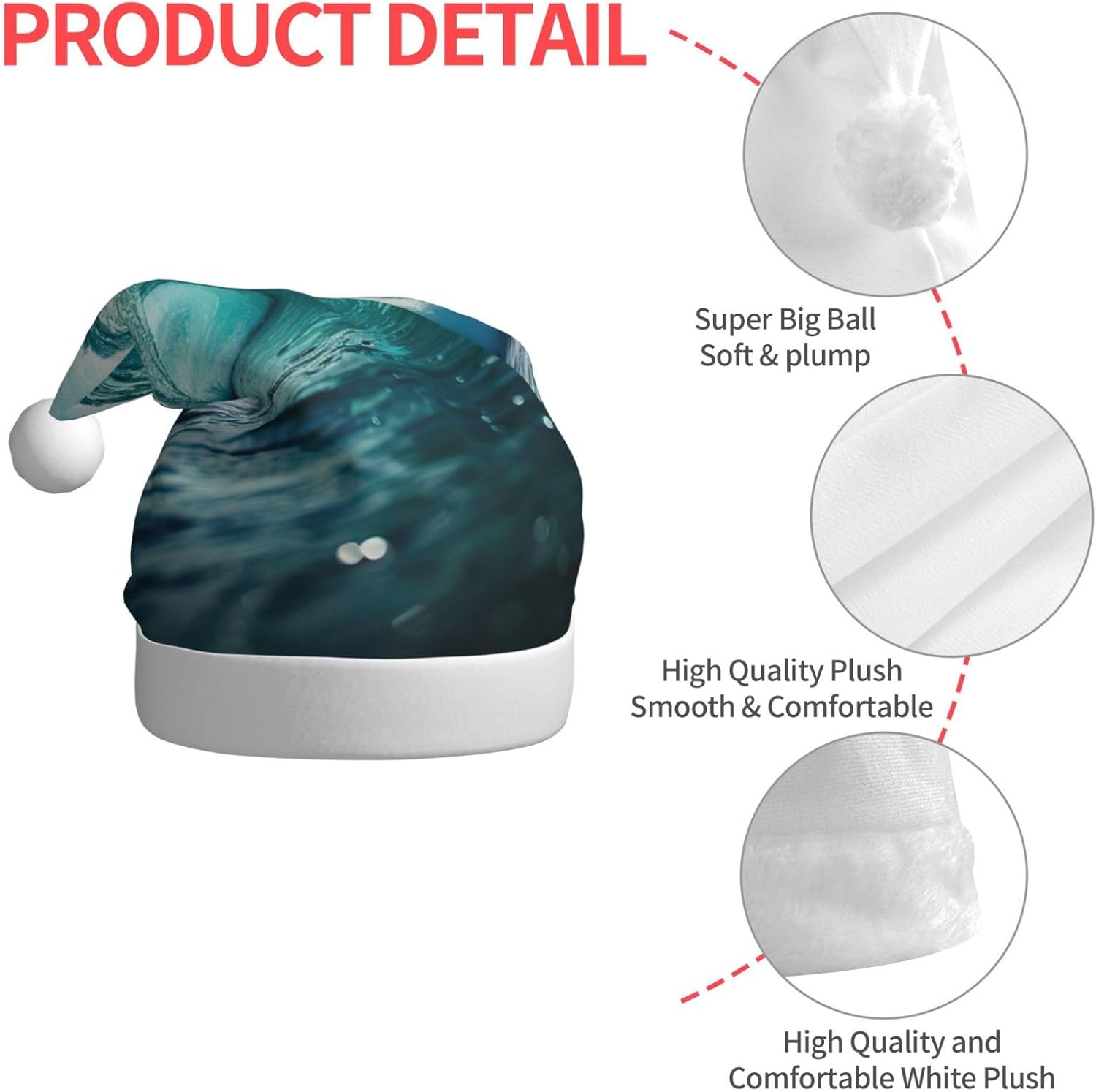 Ocean Green Wave Surf Print Christmas Santa Hat Plush Funny Adult Headwear