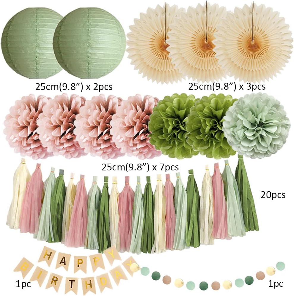 Olive Green and Pink Birthday Decorations Kit