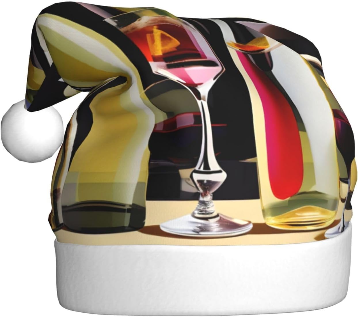 QinZheng Personalized Santa Hat with Cocktail Glasses and Wine Bottles Print