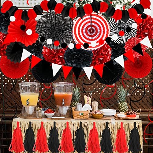 ZERODECO Black and Red Tissue Pom Poms Garland Decor