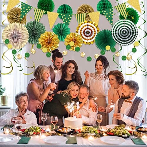 Green Gold Party Decorations Set with Fans and Flags