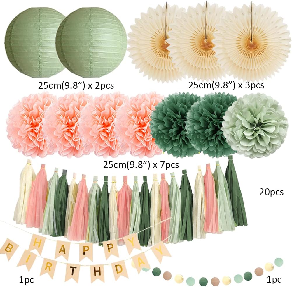 Sage Green Peach Birthday Decorations Set