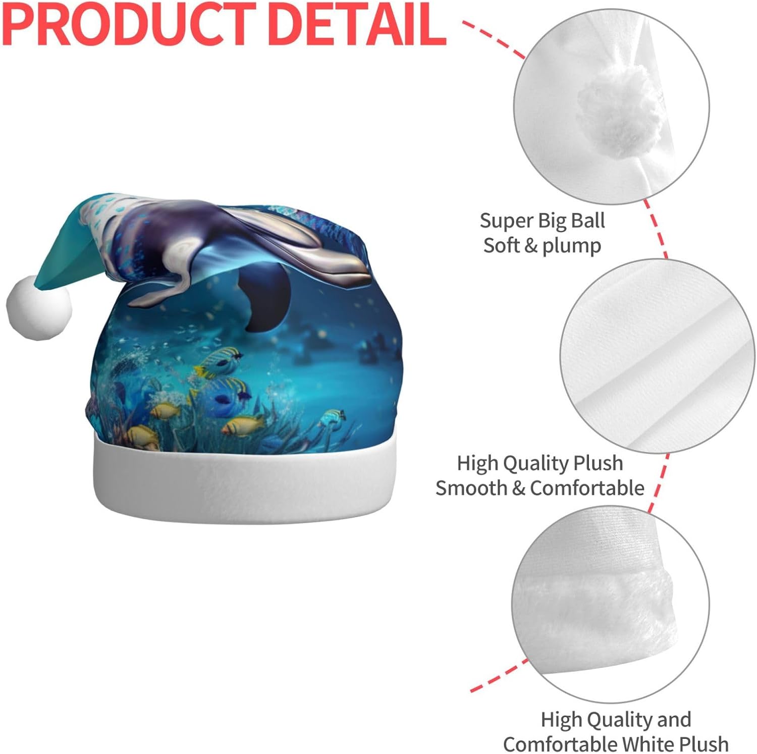 Unique 3D Dolphin Print Christmas Santa Hat Plush for Adult