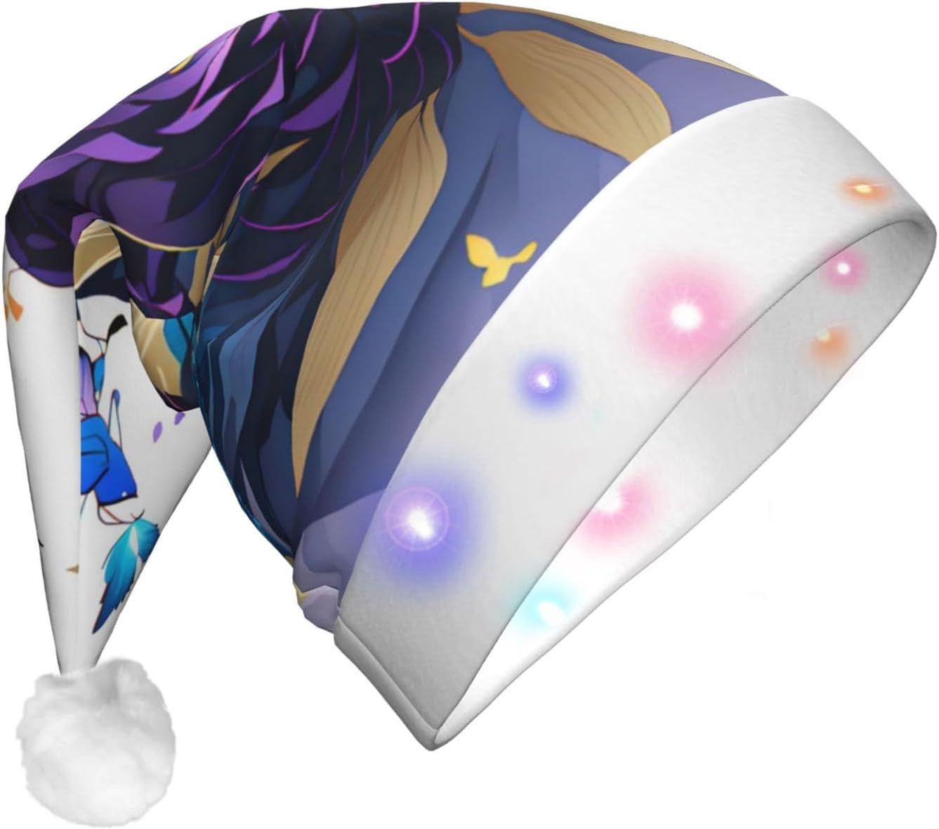 QINZHENG Purple Butterfly Velvet Santa Hat with LED Lights for Adults