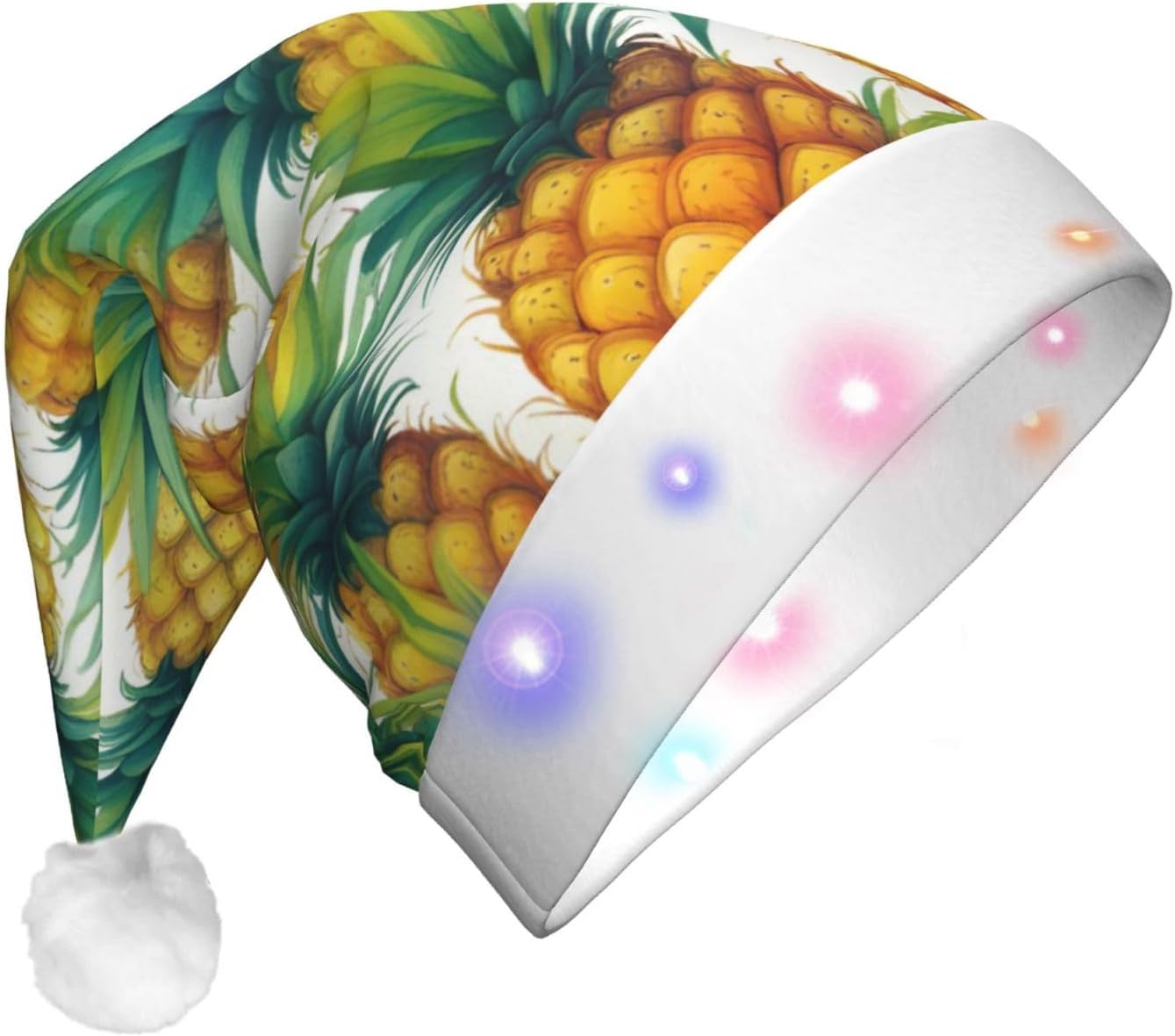 QinZheng Exotic Tropical Pineapples Print Santa Hat with LED Lights