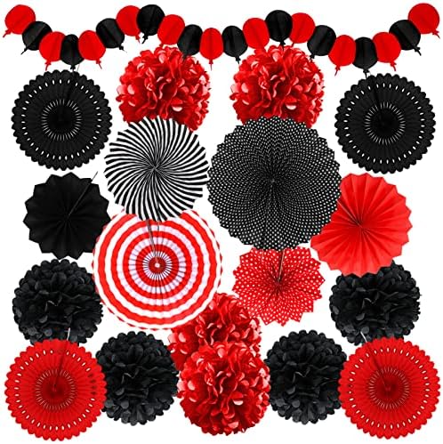 Red and Black Party Decorations Set with Fans and Pompoms