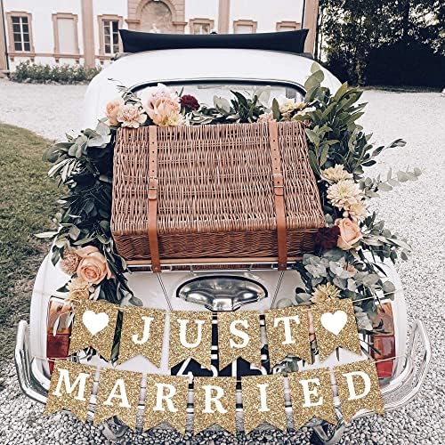 Pre-Strung Gold Glitter Just Married Banner